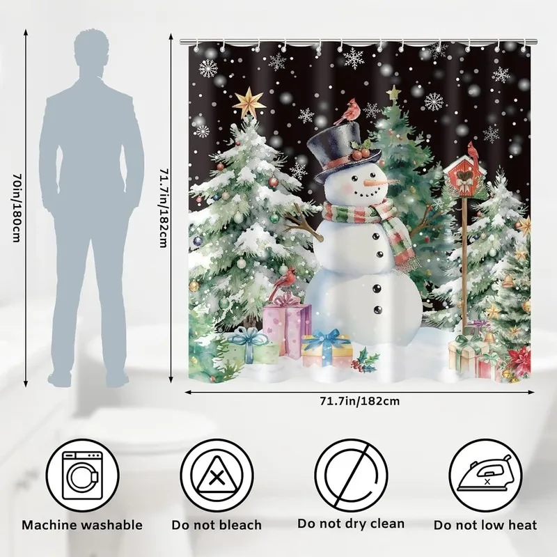 Christmas Bathroom Shower Curtain Set Top Hat Snowman Cedar Red Cardinal Gift Box No Drilling 12 Hooks Holiday Decor