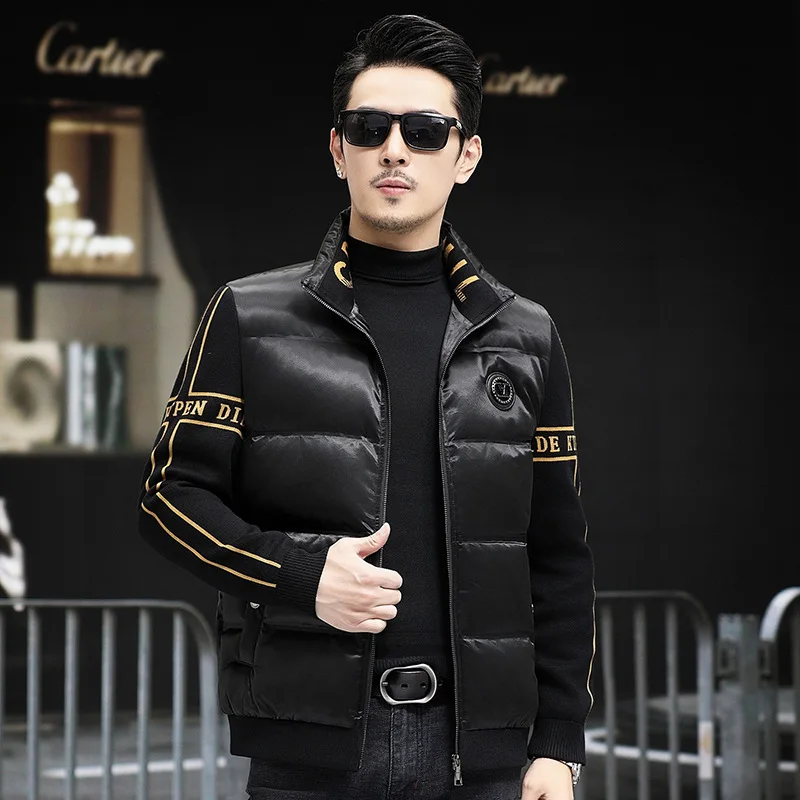 

Trendy ort down Jaet for Men White Du Feather Knitted Sve Stand Collar Winter Warm Outerwear Modern Sle Polyester ...