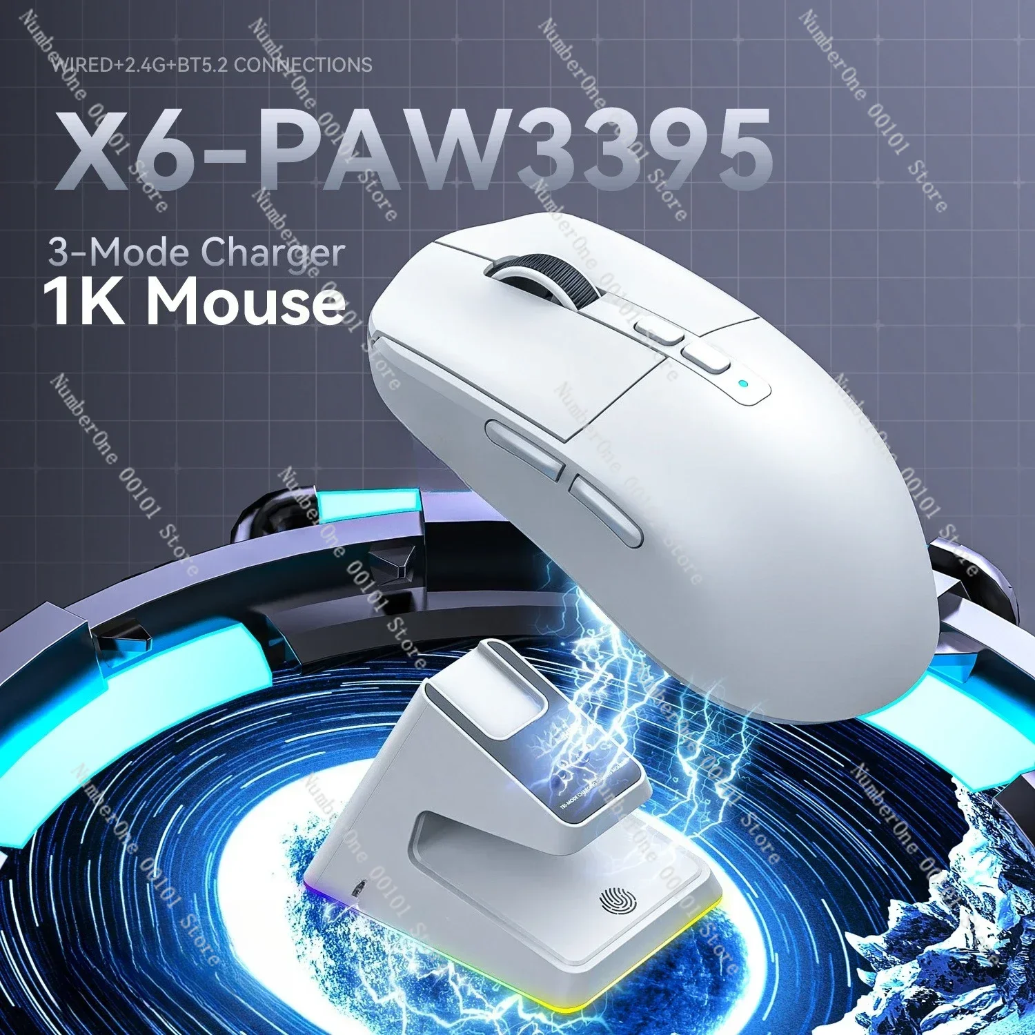 X6 mouse lightweight PAW3395 e-sports game three-mode wireless Bluetooth mouse charging RGB base