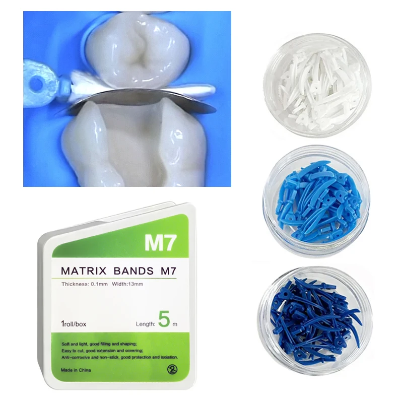 5m/roll Dental Teflon Matrix Bands Anti-corrosive Non-Stick Matrix Strips Matrices 120pcs Dental Wedge Plastic Wedges with Hole