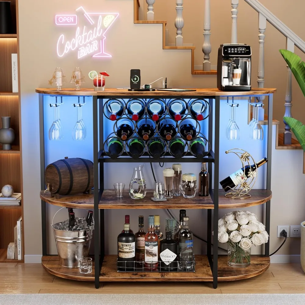 

Wine Bar Cabinet with LED Lights and Power Outlets, Freestanding Liquor Bar Cabinet Table with Glass Holder Wine Rack Table Min