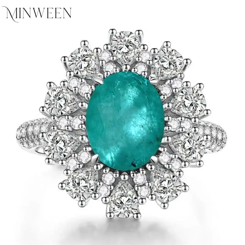 Vintage 925 Sterling Silver Ring 8*10MM Oval Lab Paraiba Tourmaline Gemstone Engagement Jewelry Women Ring Christmas Gift