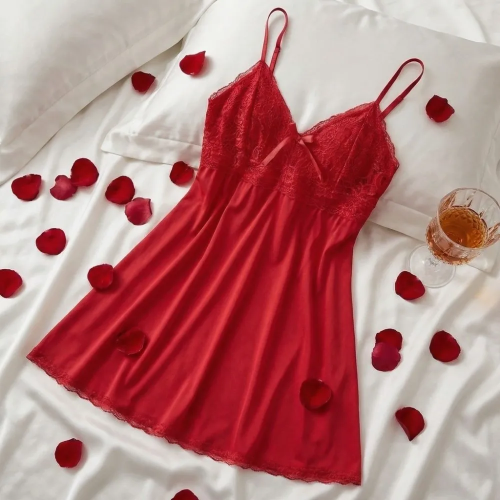 

Thin Women's Lace Pajamas Dress V Neck Split Lace Suspender Nightdress Sleeveless Lace Bow Lace Slim Sling Nightgown Home