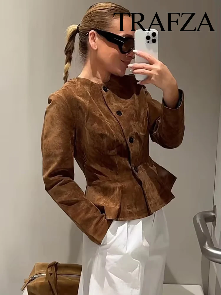 

TRAFZA Women Autumn Fashion Elegant Solid Single-Breasted Loose Jacket Female High Street Casual Long Sleeves Short Coat Mujer