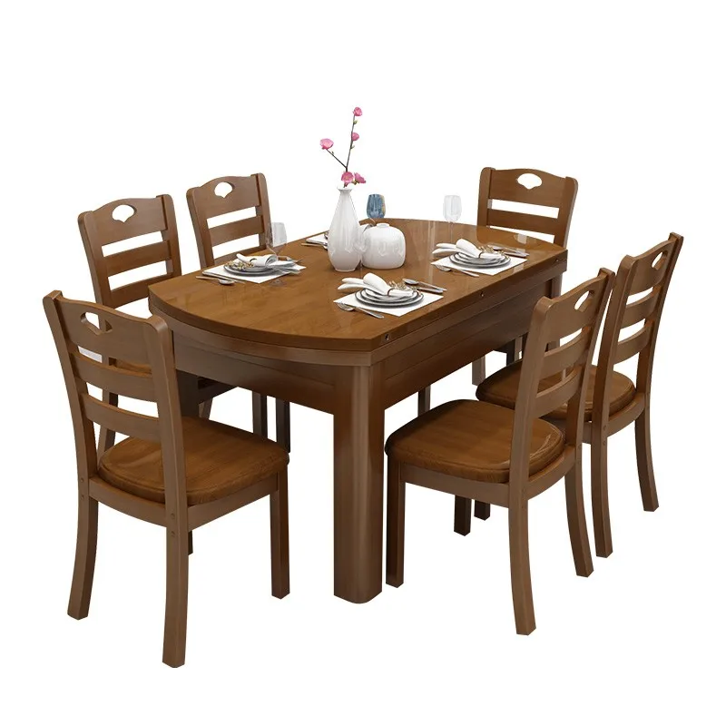 New Chinese modern simple foldable solid wood round dining table and chairs