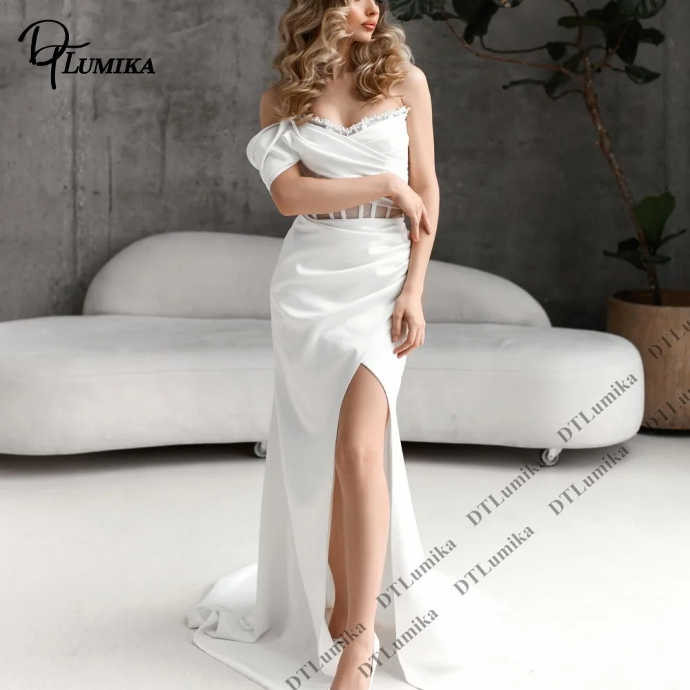DTLumika High Slit Wedding Dress Off Shoulder Satin Mermaid Silhouette Rhinestone Trim Mesh Detail Bridal Gown Customized Bride