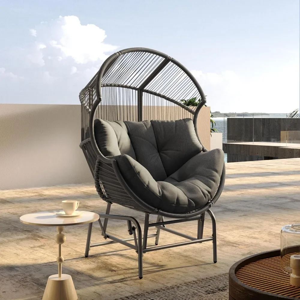 Outdoor Wicker and Iron Gliding Chair with Water Repellent Cushion, Patio PE Rattan and Iron Frame Rocking Chair, Recliner|