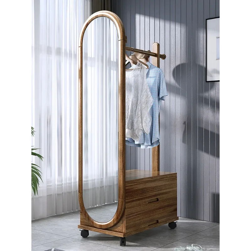 Walnut solid wood coat rack with mirror hanger full mirror integrated floor bedroom household multi-functional hanger