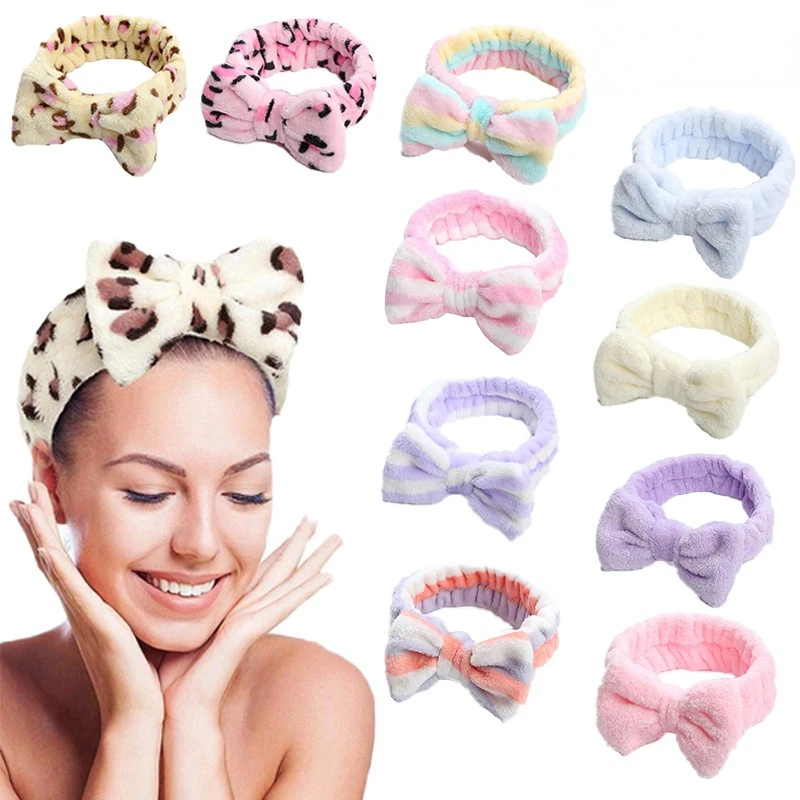 Stripe Polka Dots Leopard Coral Fleece Soft Headband Cross Top Knot Hairband Women Girls Wash Face Spa Headwear Hair Accessories