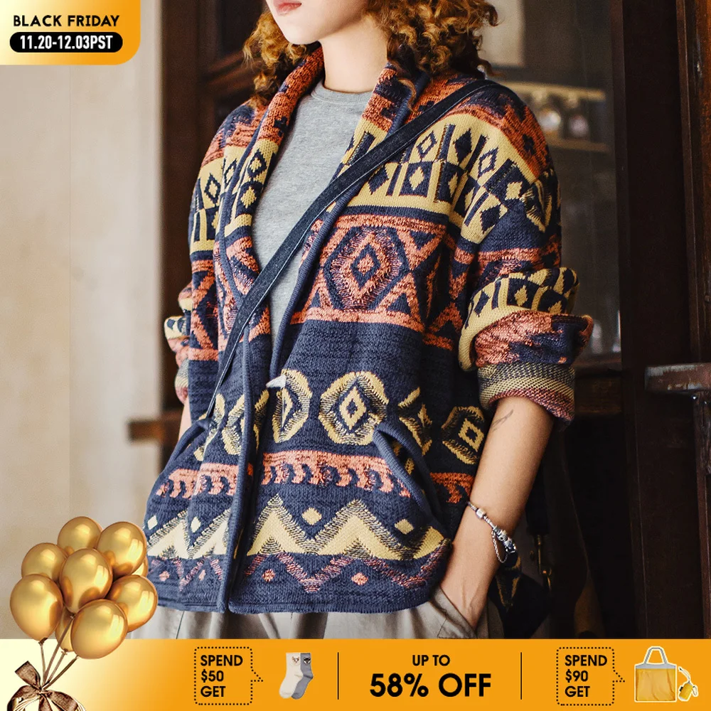

Maden Женский винтажный кардиган в стиле Navajo с застёжкой-тогл, вязаный свитер с V-образным вырезом, свободного кроя, узорчатая верхняя одежда для осени