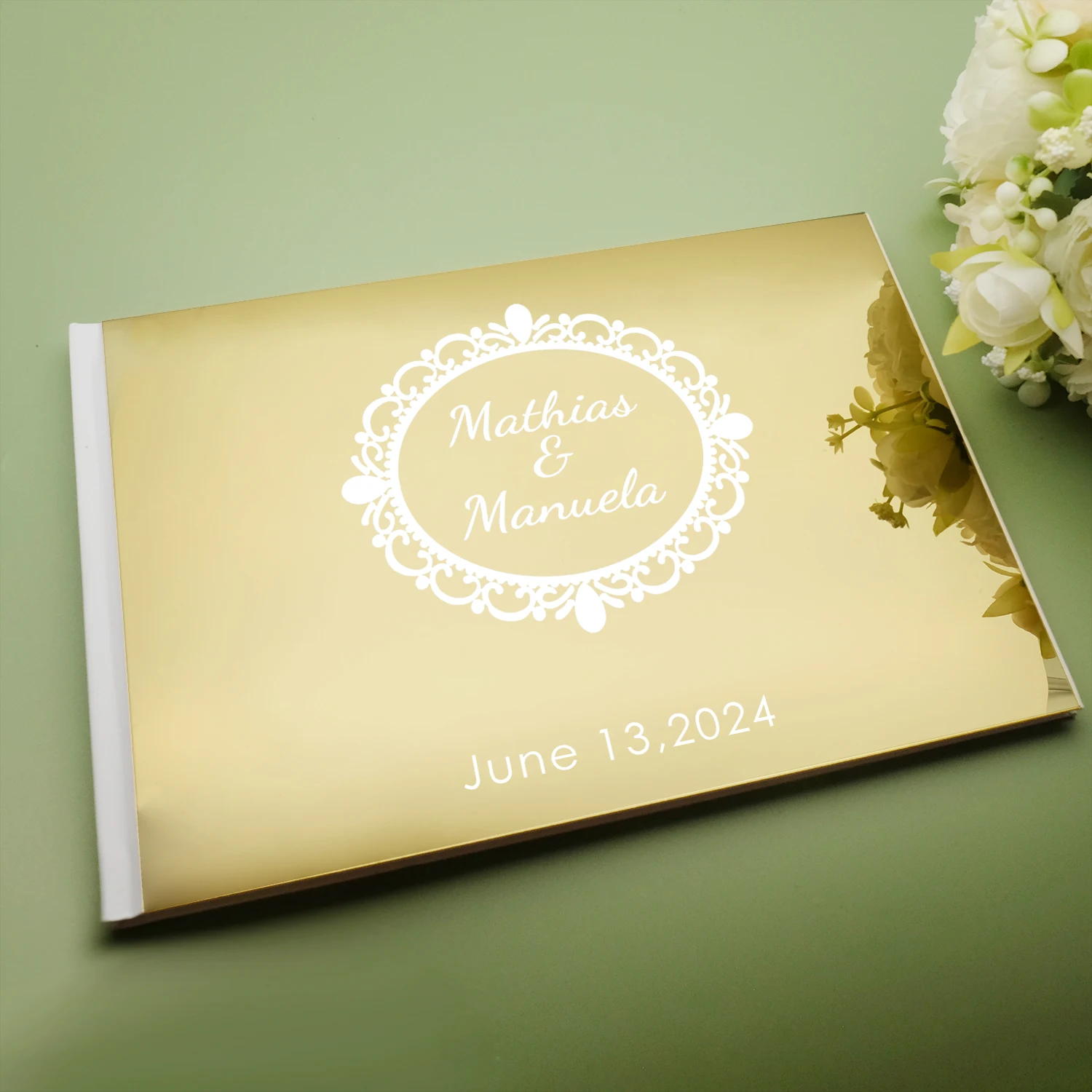 Acrylic Mirror Book Horizontal Sweet Wedding Personalized Acrylic Mirror Cover Heart Signature Guestbook Custom Check in Book