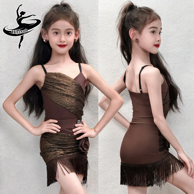 

2026 Latin Dance Dress Girl Performance Practice Clothes Sleeveless Brown Dance Suit Fringe Skirt Kid Latin Training Set