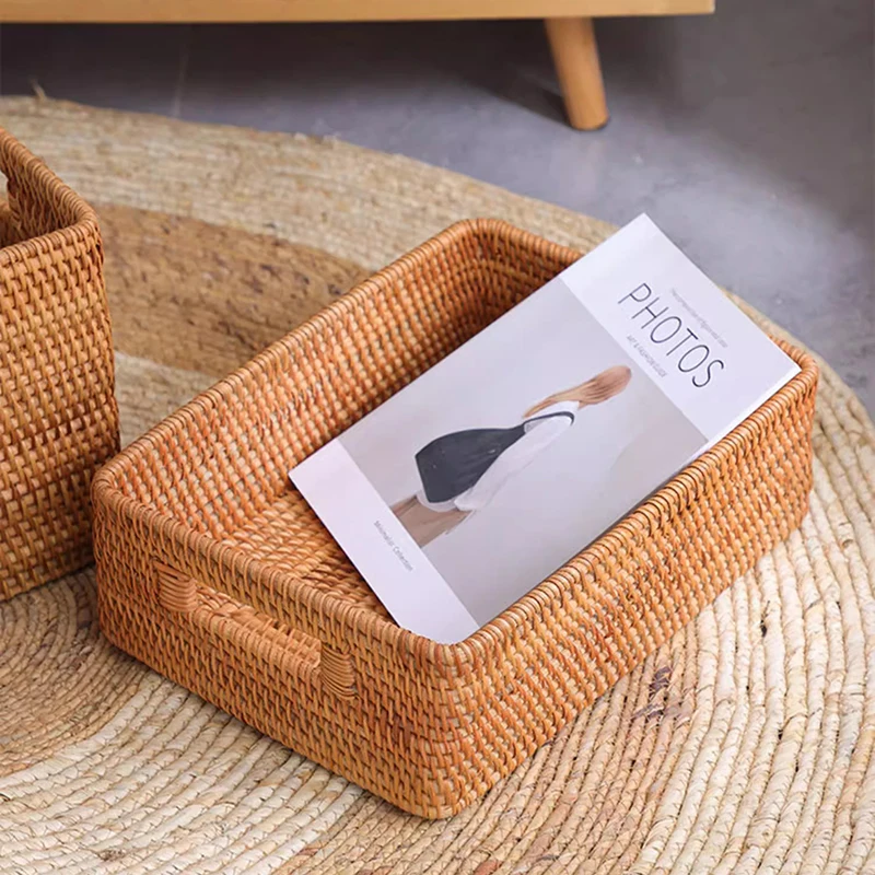 Hand-woven Rattan Wicker Basket, Fruit Tea Snack Bread Basket, Cosmetic Rectangular Storage Box, Household Kitchen Supplies