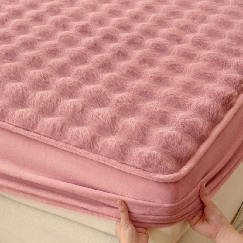 Fluffy Plush Fitted Bed Sheet for Winter Solid Color Rabbit Fleece Bed Sheets on Elastic Winter Warm Thicken Mattress Protector