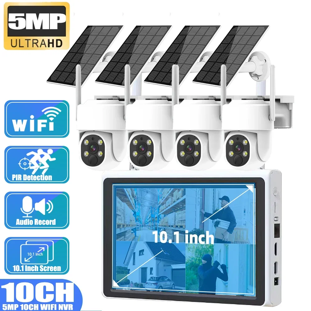 

5MP 10CH Wireless Solar Security System 10.1" Inch Screen Energy-Efficient NVR PTZ Cameras w/ Two-Way Audio | 24/7 Surveillance
