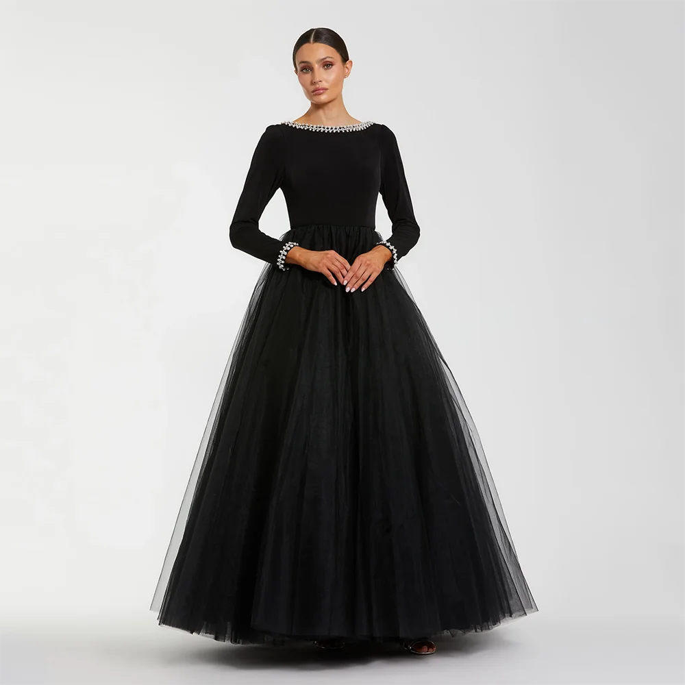 

Elegant Evening Dresses Boat Neck Long Sleeves Bead Crystal A-line Evening Gowns Floor Length Prom Dresses Dress Customized