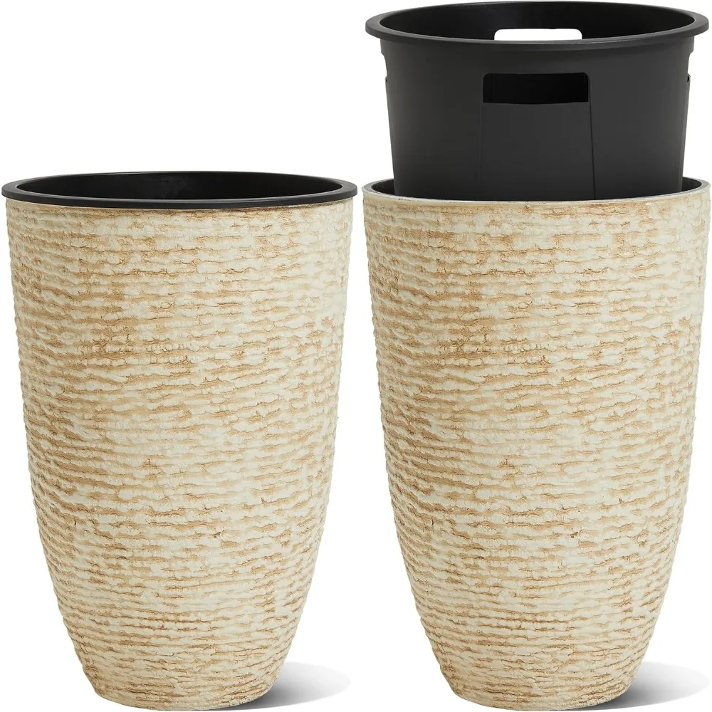

Garden 2-Pack 21 H. Beige Tall Planters with Inside Pots - 14'' Dia Plastic Large Round Plant Tree Pots - Decorative Imita
