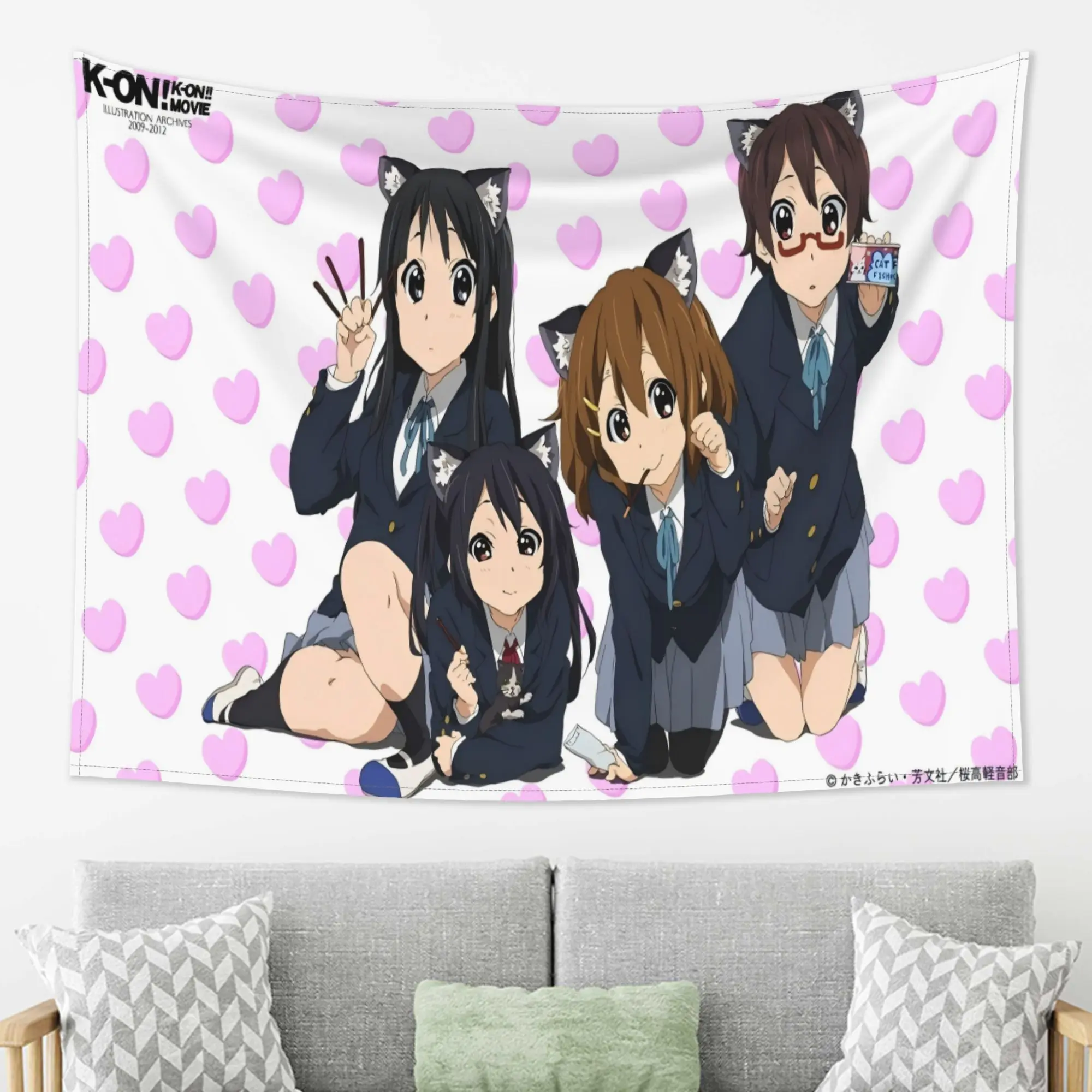 K-ON Anime Tapestry Cute Cat Ears Girl Wall Hanging Pink Aesthetic Kawaii Manga Wall Cloth Backdrop for Bedroom College Dorm