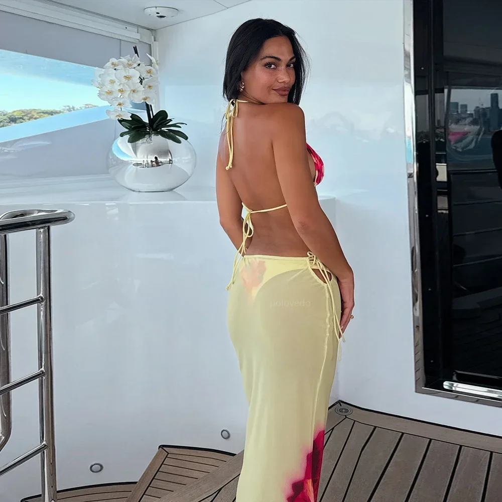 Sexy Yellow Floral 3 Pieces Bikinis Sexy Women Swimsuit Female Swimwear Bikini Set Bathing Suit Swimming Suits Beachwear Biquini