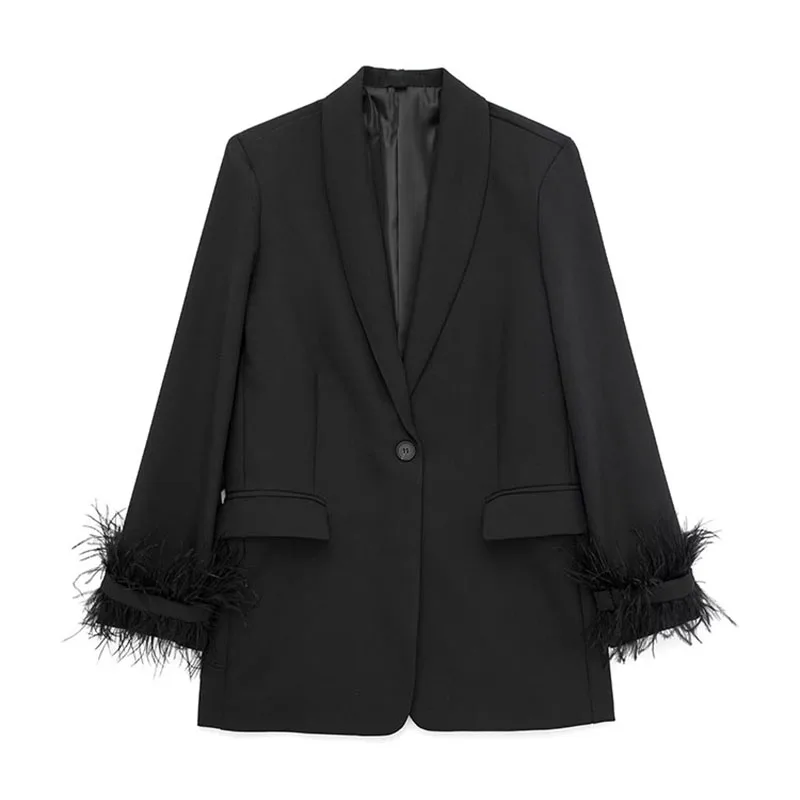 ZHUISHU Women Fashion Chic Black With Feather Blazer Jacket Elegant Notched Neck Single Button Long Sleeves Female Outfits