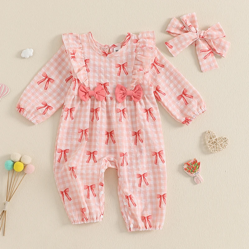 Autumn Baby Girl Clothes Cotton Linen Bow Print Bubble Romper Long Leg Bodysuit Frill Trim Ruffle Smocked Jumpsuit