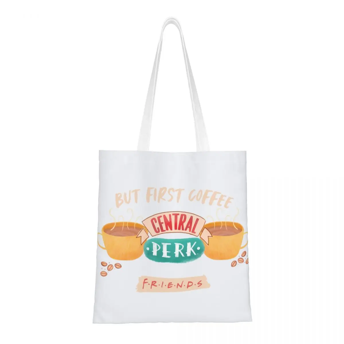 Women Men Central Perk Friends Tote Bags Canvas But First Coffee Grocery Bag for Lady Handbags