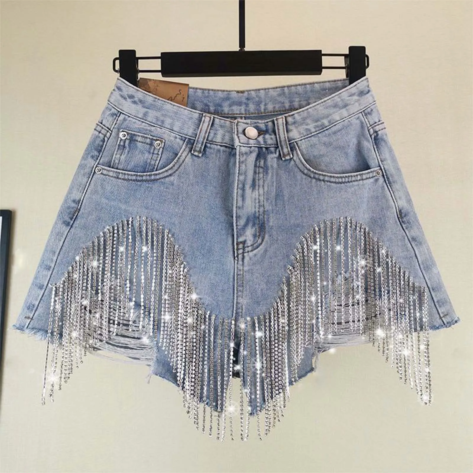 Pantalones cortos vaqueros rasgados con borlas y diamantes para mujer, ropa de calle Irregular de cintura alta a la moda, pantalones cortos vaqueros con agujeros, pantalones cortos informales