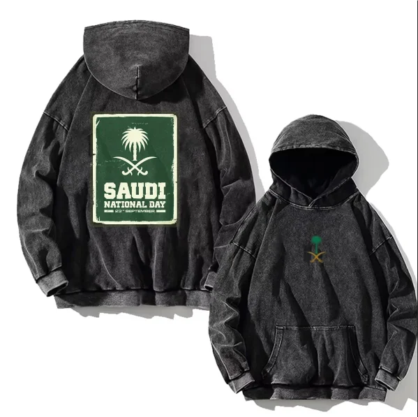 Saudi National Day T-shirt 100% Cotton Men\'s Washed Clothing Hoodie Top Eid Al-Fitr Autumn and Winter Women\'s Casual Top Hoodie