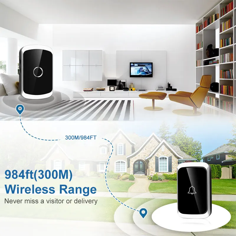 Wireless Doorbell 300M Range Smart Home Welcome Door Bell Chimes Kit 36 Ringtones LED Flash House Garden Door Bell US EU Plug