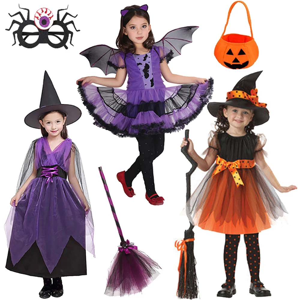 Halloween Girl Witch Dress Carnival Party Toddler Kids Bat Costume Infant Vampirina Dress Clothing Set Hat Pumpkin Bag Pantyhose