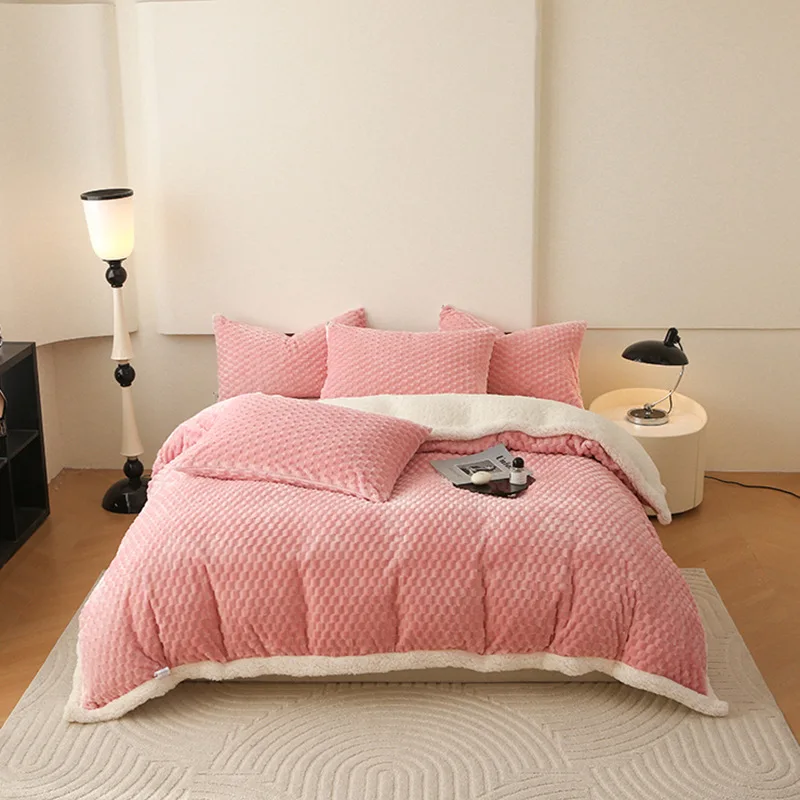 

Double Layer Bean Fleece Blanket Thick Warm Lamb Fleece Soft Solid Color Winter Quilt Blanket Cozy Bed Sofa Multi Purpose Home