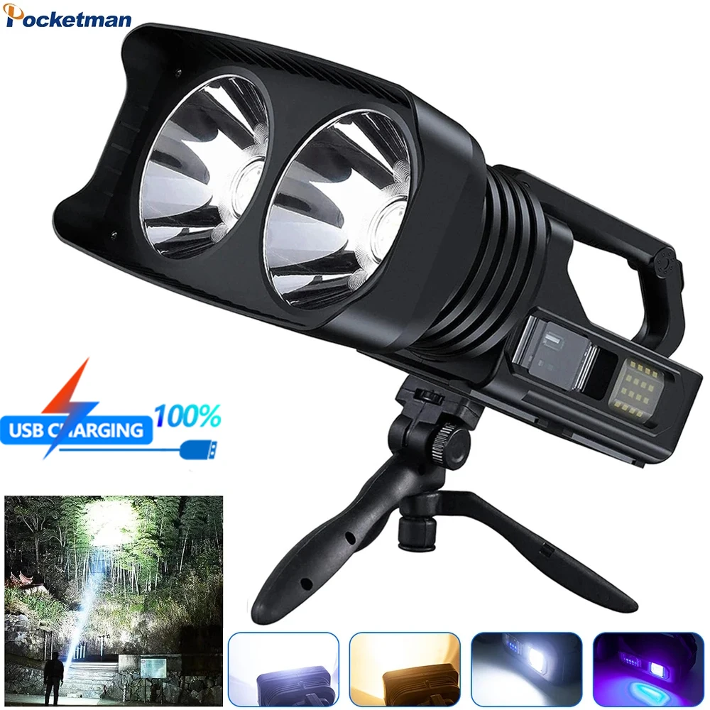 USB Rechargeable Work Light LED Spotlight Waterproof Searchlight Super Bright Flashlight with Tripod for Camping Outdoor