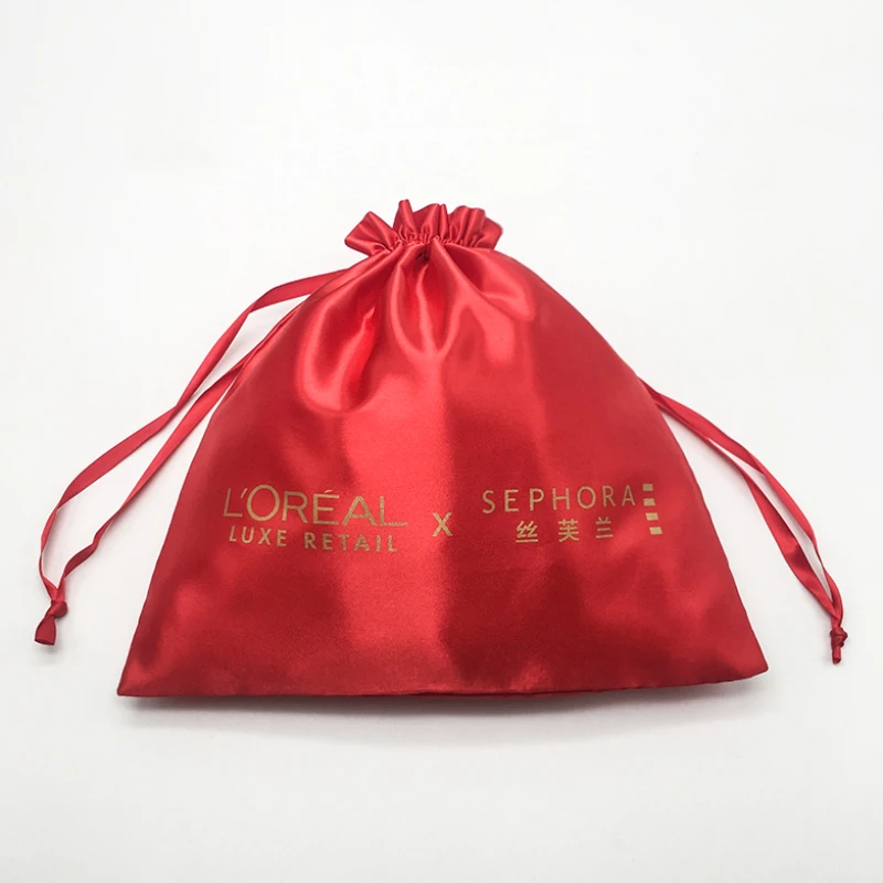 Red Satin Bag Candy Pouched Smooth Cloth Bags Jewelry Hair Bundles Packaging Cosmetic/Gift/Wedding Pocket Print Logo 50pcs