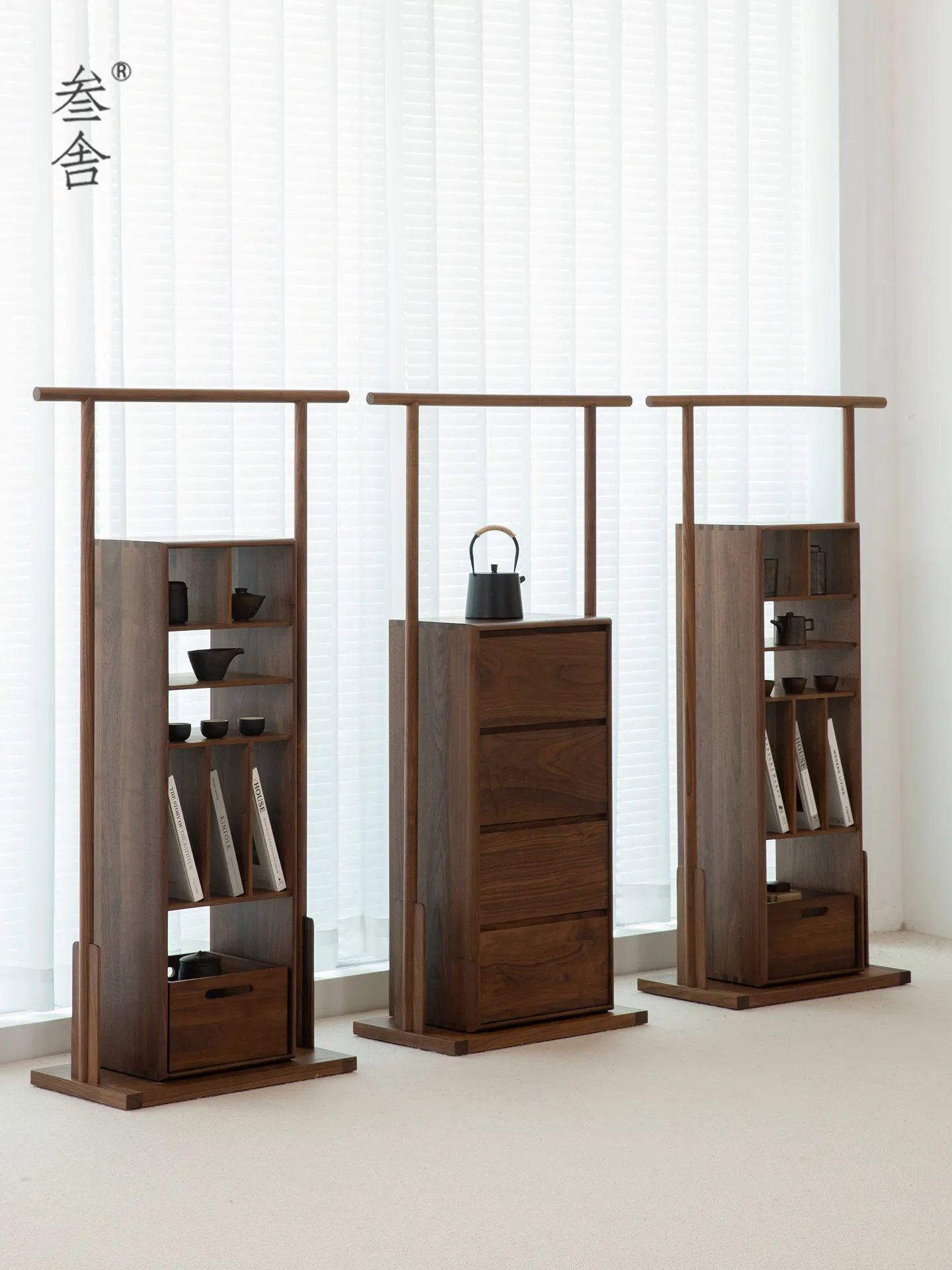 Yjq black walnut small bookshelf tea room bogu shelf solid wood tea set tea rack