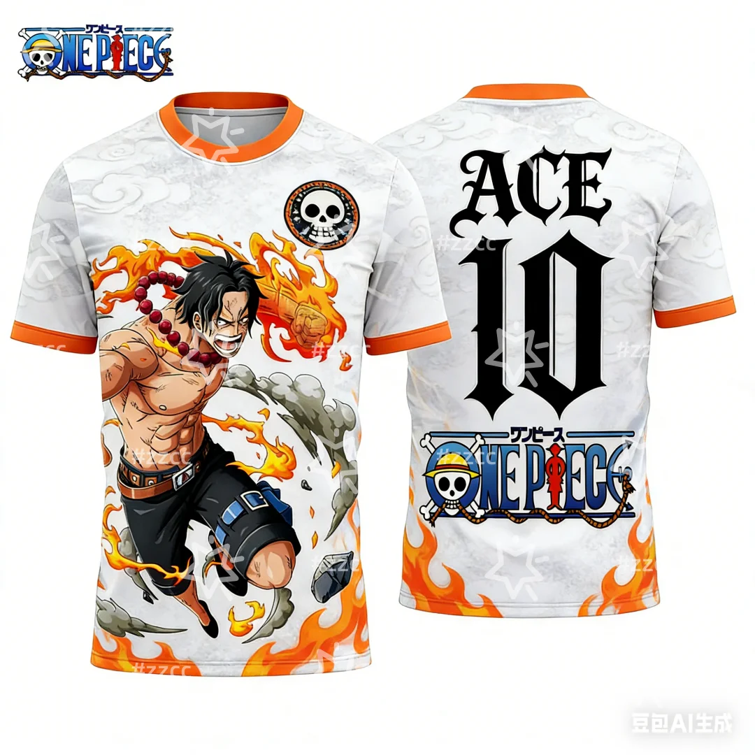 2026 Japanese anime Fire Fist Ace from One Piece graphic T-shirt football jersey Sports Dry Quickly boys T-Shirt Kid's Clothing