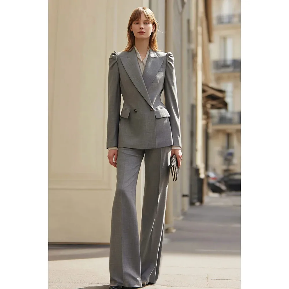 

Gray Two-Piece Women’s Suit Set, Structured Double-Breasted Blazer & High-Waist Flared Pants, Professional Work Outfit