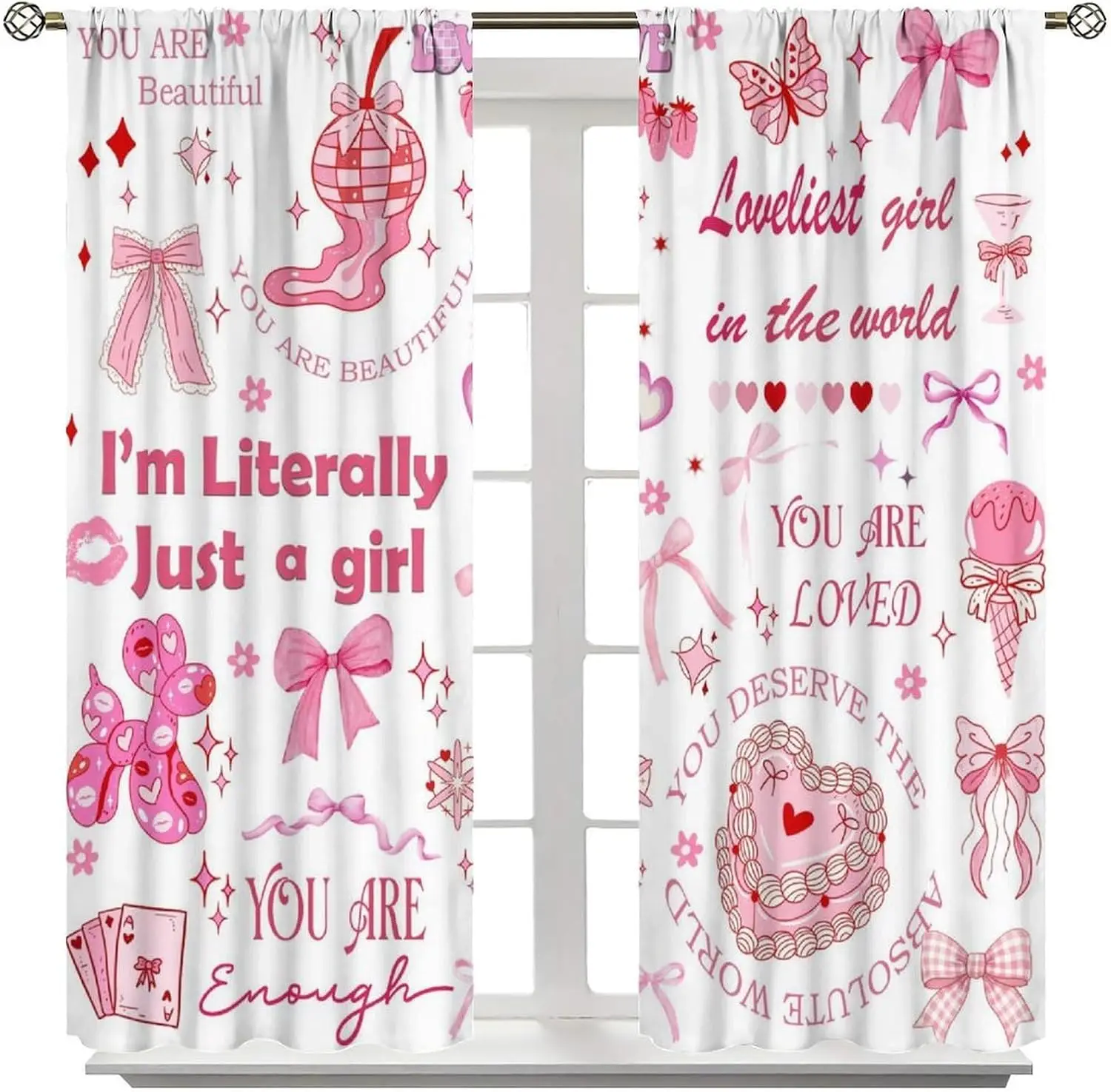 Sweet Pink Coquette Blackout Curtain Bow Disco Positive Girl Words Rod Pocket Window Panels Teen Girl Apartment Living Window