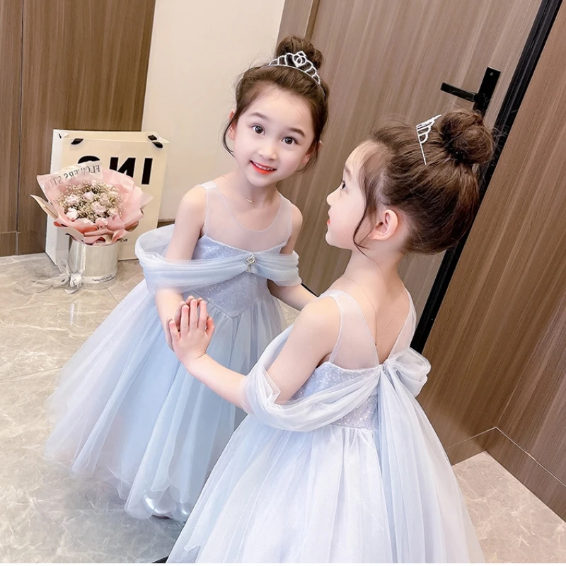 3 5 to 6 7 8 Years Old Flower Girls Babies Weddings Ceremony Elegant Evening Dresses Kids Children\'s Luxury Party Blue Clothes