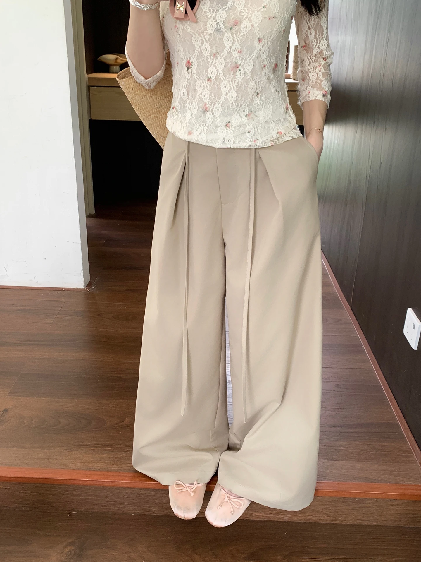 

Women's High Waist Wide Leg Casual Pants Drawstring Drapey Spring New Style Simple Match All Casual Trousers