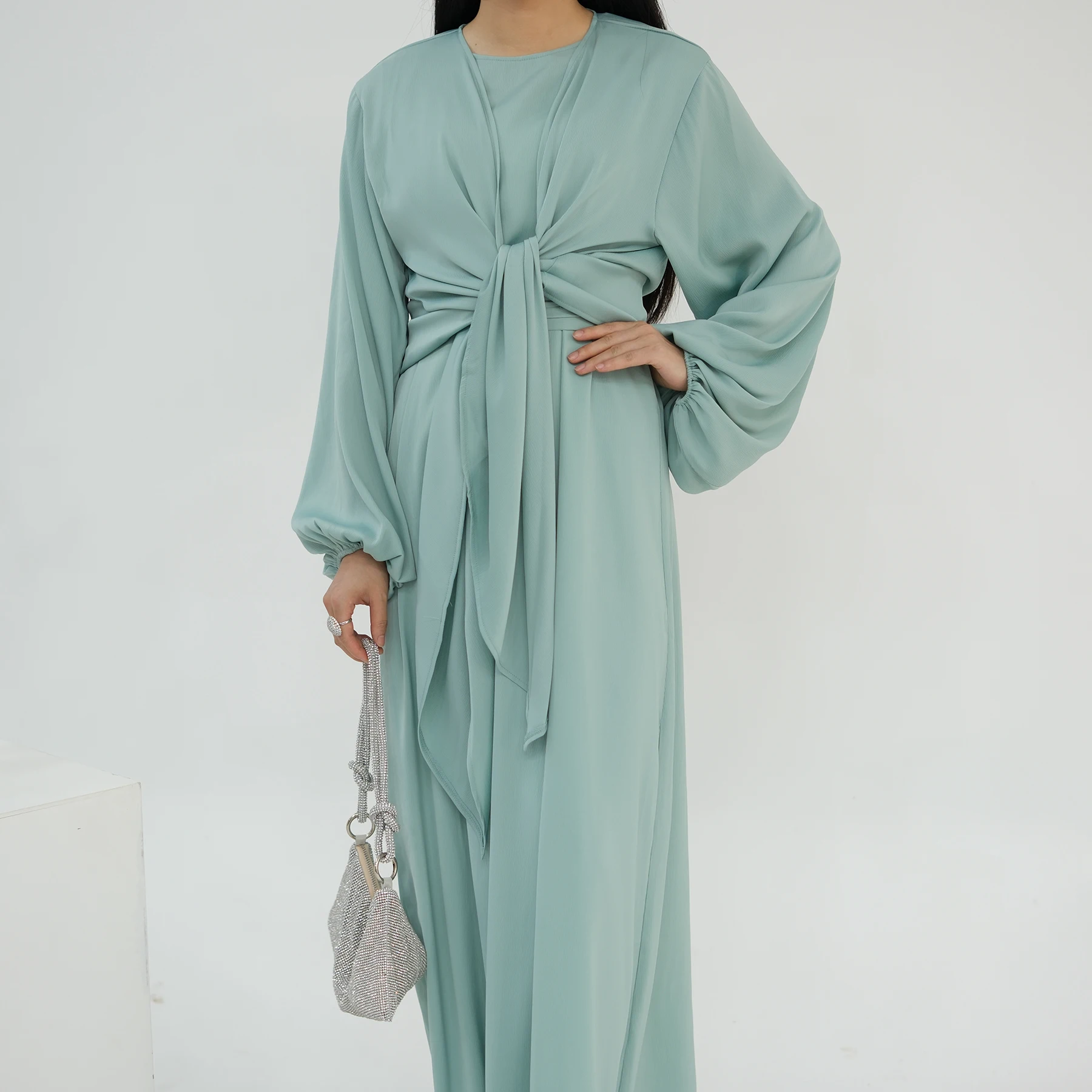 

Satin Wrinkle Two Piece Suit Sleeveless Dress and Cardigan Jacket Women Muslim Abaya Kimono Jalabiya Dubai Kaftan Eid Outfits