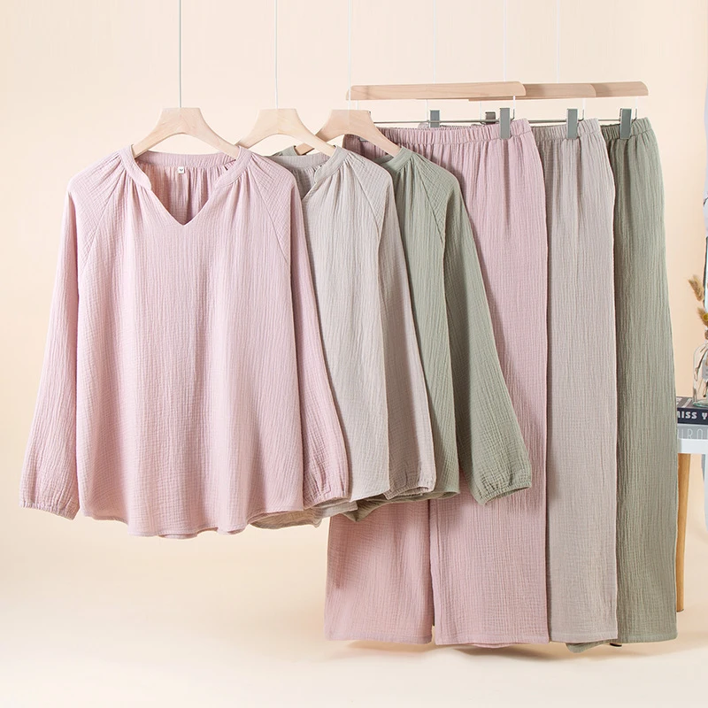 2-Piece Women's Pajama Set, Minimalist V-Neck Sleepwear, Cotton Gauze Long Sleeve & Relaxed Fit, Lightweight & Breathable, All-S