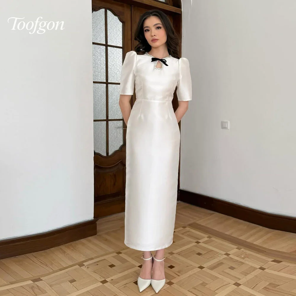 

Toofgon O Neck Short Sleeve Evening Dresses Customized Mermaid Satin Prom Gowns Crystal Beaded Bow Formal Party Birthday Dress
