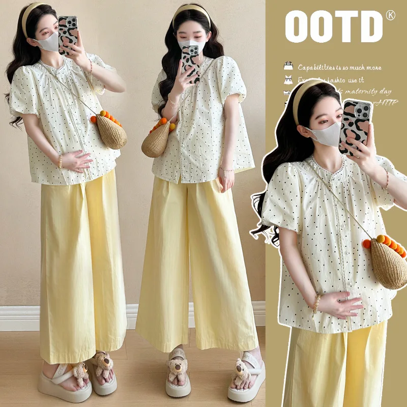 

Pregnancy Summer Wear Trendy Babydoll Inspired Polka Dot Blouse And Supportive Palazzo Pants Comfortable Two Piece Set