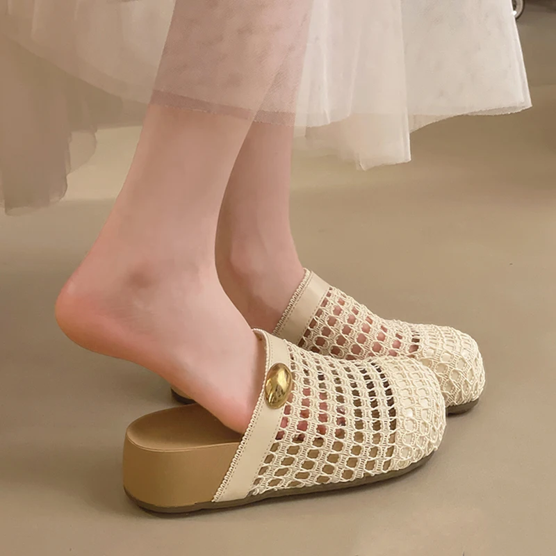 Women Closed Toe Crochet Mesh Hollow Out Wedge Mid Chunky Heel Mules Sandals Slides Casual Summer Daily Slippers Shoes for Women