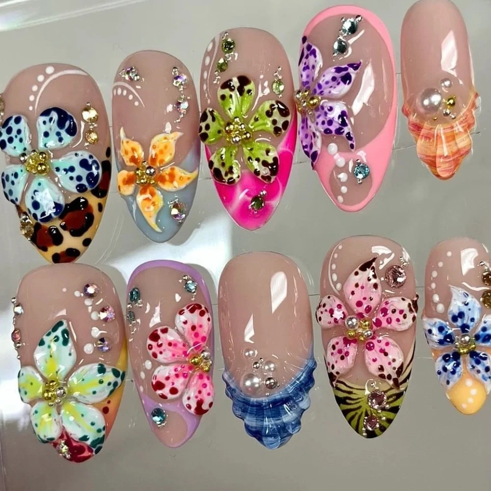 Press on Nails Medium Almond Pattern ABS Nails INS Y2K 3D Flowers Style Design Nail 10Pcs Manicure Handmade Art with Set