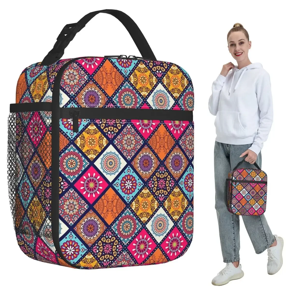 Mandala Bohemian Plaid Floral Insulated Lunch Bag for Women Office Cooler Thermal Food Box Tote Leakproof Lunch Boxes Container