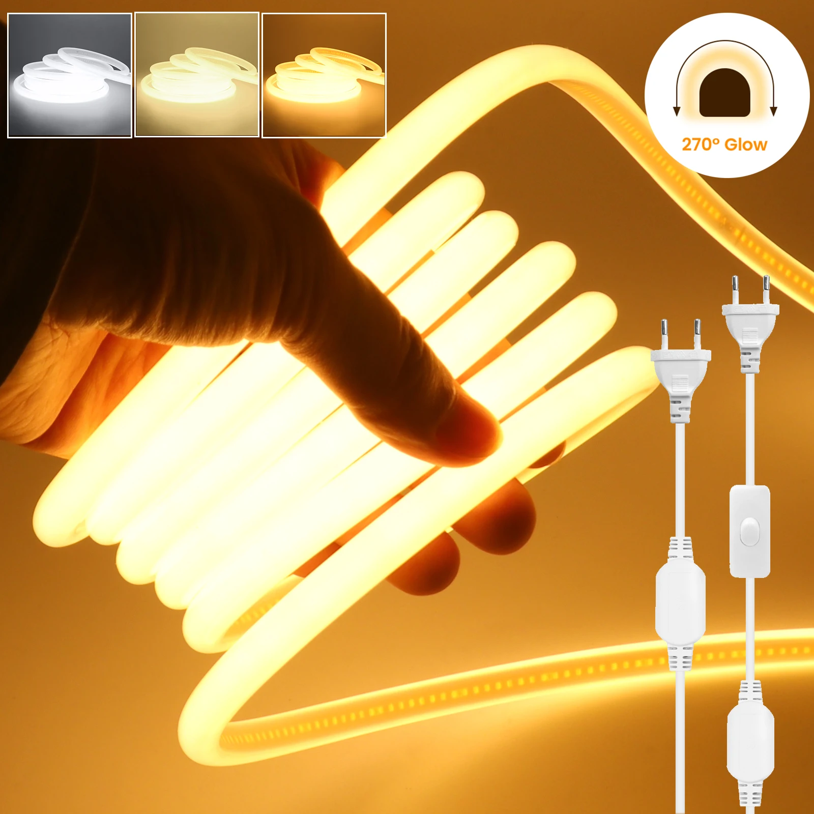 

COB Neon LED Strip 220V 288LEDs/m 270° Uniform Glow Waterproof Flexible Tape Ribbon Warm Natural White for Kitchen Room Decor