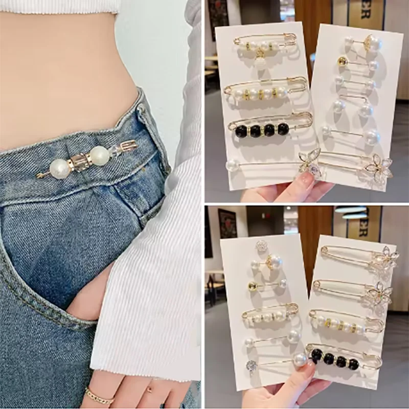 1Set Detachable Pearl Brooch Pins Fastener Pants Pin Button Sewing-Free Buckles For Jeans Sweater Perfect Fit Reduce Waist
