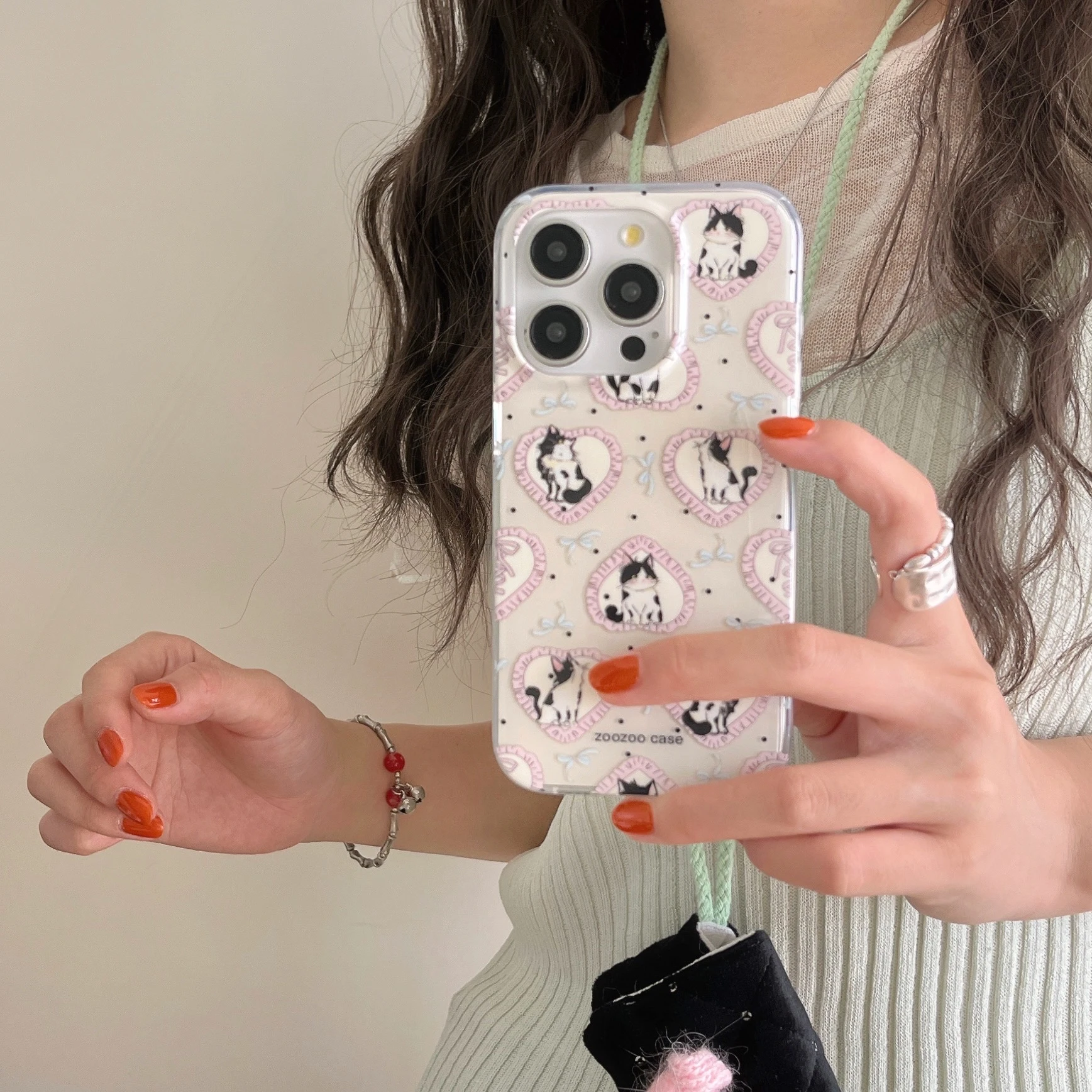 Korean Ins Heart & Cats Pink Double Layers IMD Chic Case for iPhone 15 14 13 Pro Max Plus Back Phone Cover for 12 11 Pro Max