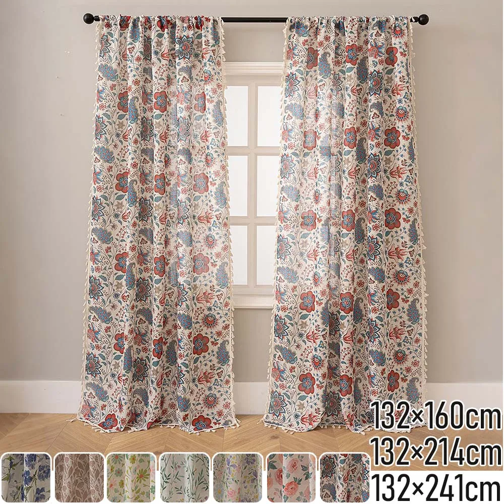 Vintage Floral Semi Sheer Curtain Boho Style Window Drapes Privacy Protection Voile Curtains for Bedroom Living Room Home Decor